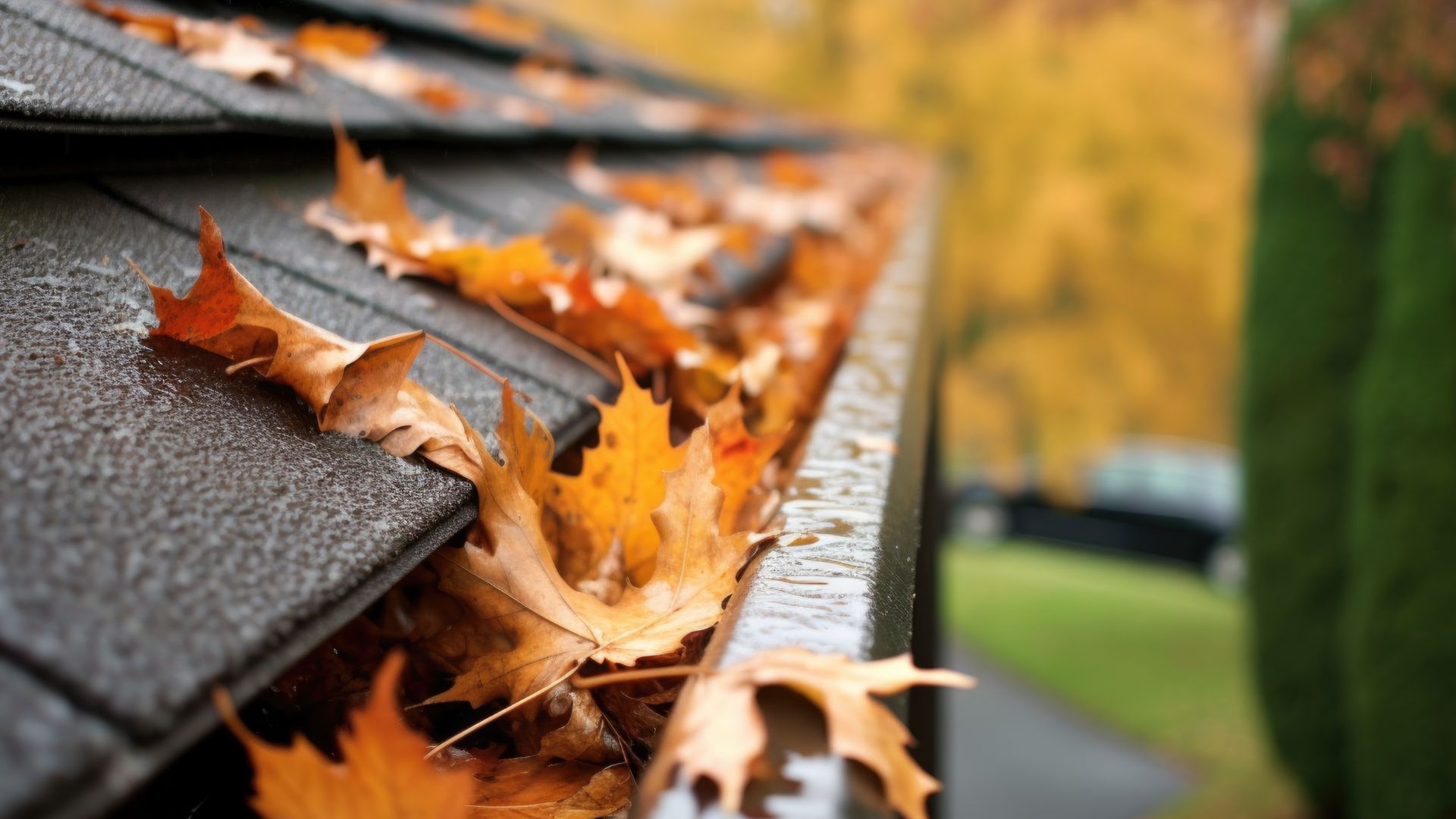 Leaves that need to be cleaned out of gutters in the fall.